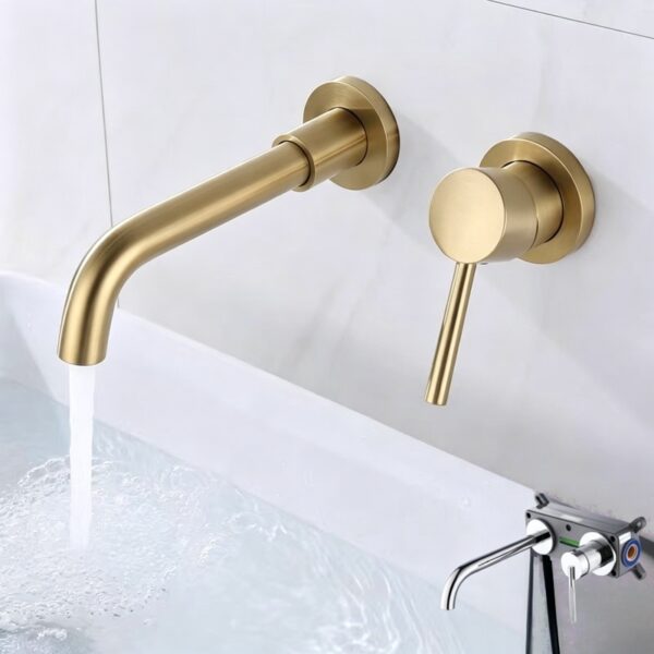 Solid Brass Dual Handle Wall Mounted Basin Faucet Concealed In-Wall Bathroom Mixer Tap PVD Plated
