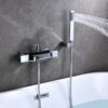 Solid Brass Waterfall Bathtub Faucet Deck Mounted Tub Filler with Handheld Shower Dual Handle