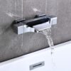 Solid Brass Waterfall Bathtub Faucet Deck Mounted Tub Filler with Handheld Shower Dual Handle