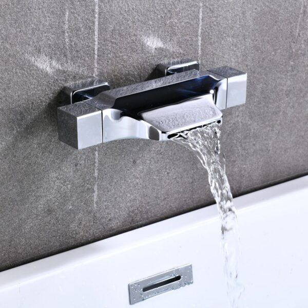 Solid Brass Waterfall Bathtub Faucet Deck Mounted Tub Filler with Handheld Shower Dual Handle