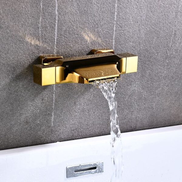 Solid Brass Waterfall Bathtub Faucet Deck Mounted Tub Filler with Handheld Shower Dual Handle