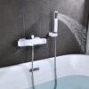 Solid Brass Waterfall Bathtub Faucet Deck Mounted Tub Filler with Handheld Shower Dual Handle
