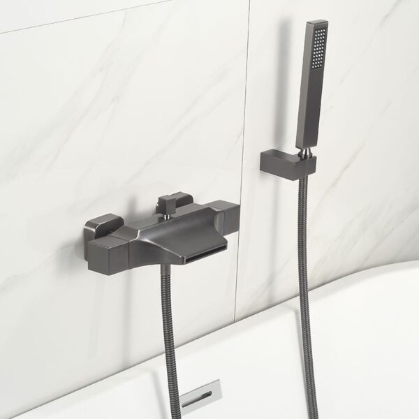 Solid Brass Waterfall Bathtub Faucet Deck Mounted Tub Filler with Handheld Shower Dual Handle
