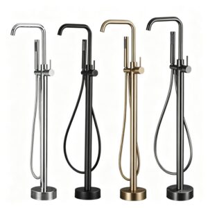 Solid Brass Freestanding Bathtub Faucet Floor Mounted Tub Filler with Handheld Shower