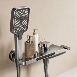 Cream Waterfall Bathtub Faucet with Built-In Shelf Deck Mounted Tub Filler 3-Function Hand Shower