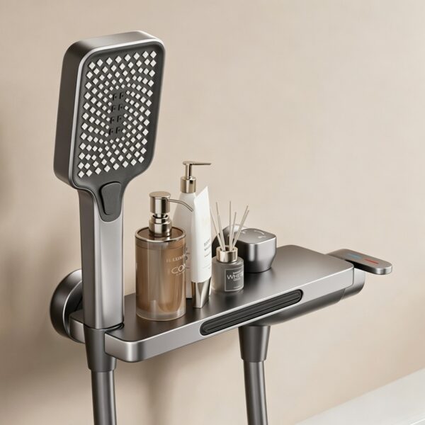 Cream Waterfall Bathtub Faucet with Built-In Shelf Deck Mounted Tub Filler 3-Function Hand Shower