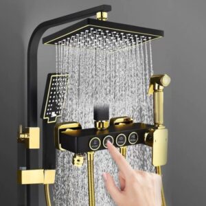 Solid Brass Thermostatic Shower Set Push Button Rainfall Shower Mixer System 4 Function