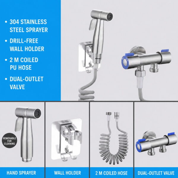 304 Stainless Steel Toilet Bidet Sprayer Set Wall-Mount High-Pressure Bathroom Spray Washer