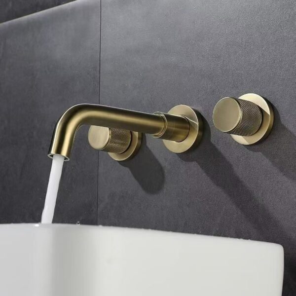 Solid Brass Dual Handle Wall Mounted Basin Faucet Concealed In-Wall Bathroom Mixer Tap PVD Plated