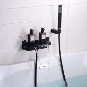 Solid Brass Waterfall Bathtub Faucet Deck Mounted Tub Filler with Handheld Shower Dual Handle