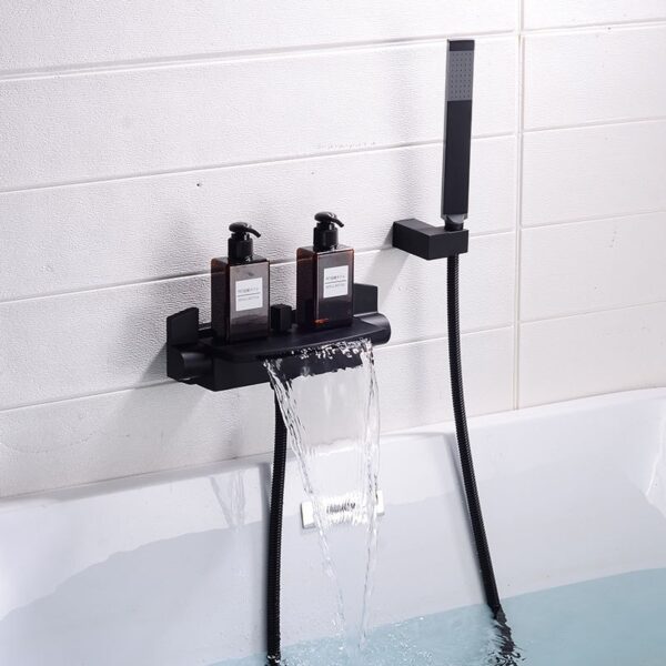 Solid Brass Waterfall Bathtub Faucet Deck Mounted Tub Filler with Handheld Shower Dual Handle