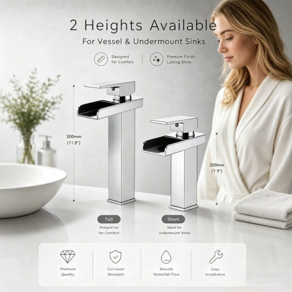 Stainless Steel Waterfall Basin Faucet with Wide Spout