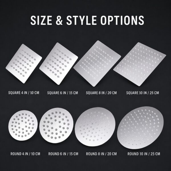 rain-shower-size-style-options-02 Stainless Steel Rainfall Shower Head for Hotel and Residential Bathrooms
