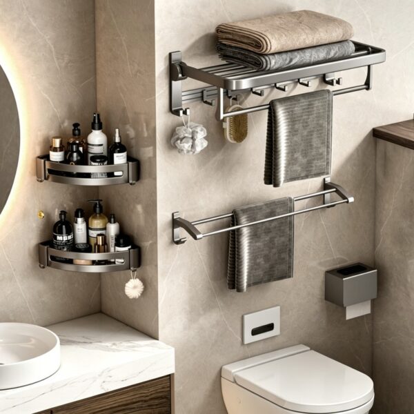 Space Aluminum Double-Folding Wall Mounted Towel Rack
