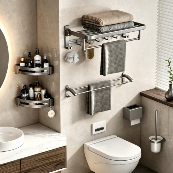 Space Aluminum Double-Folding Wall Mounted Towel Rack
