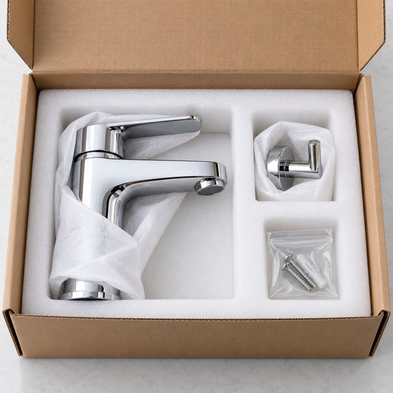 Bathroom hardware packaging with separately protected faucet and accessory samples