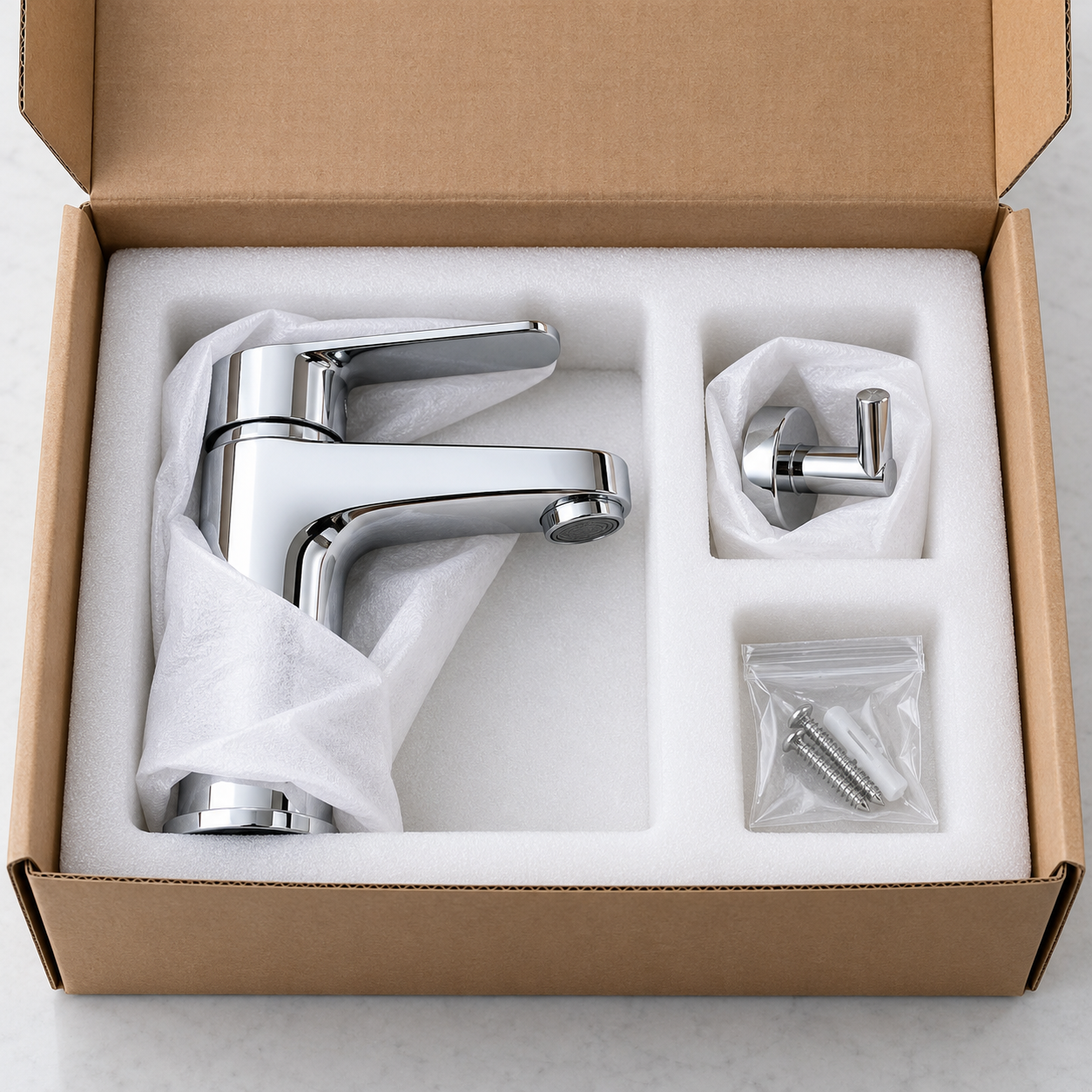 Bathroom hardware packaging with separately protected faucet and accessory samples