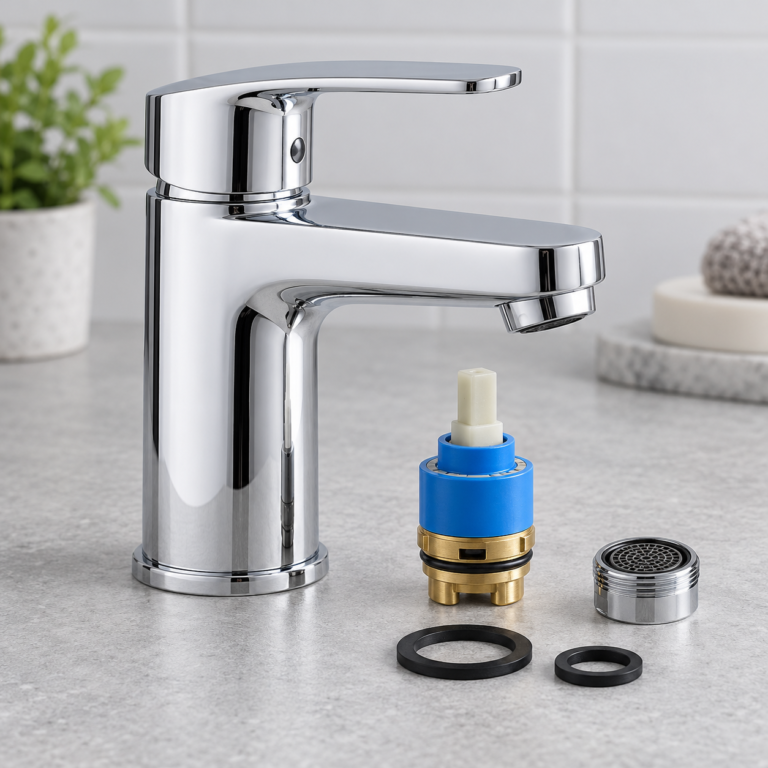 Repairable bathroom hardware illustrated by a chrome faucet and replaceable service parts